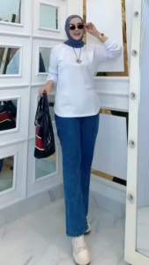 Setelan celana Cutbray jeans wanita jumbo By nabil Mix kaos combatt premium kekinian