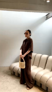 #3998-1 Set เสื้อแขนสั้นกระเป๋าอกคู่ + กางเกงขายาว ชุดไปทะเล ชุดออกงาน ชุดไปงาน ชุดใส่เที่ยว ชุดขึ้นเครื่อง ไปเดท Vshop