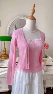 GAIETE Áo khoác len dệt kim tay dài - Natasha knitted top set - White