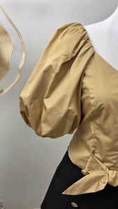 Square Neck Puff Sleeve Bow Tie Blouse