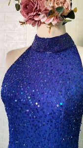 เสื้อผ้าเดรสซี่ Navy blue (F29) ของผู้ชาย คอปีนปักปล้องและเลื่อม ผ้าไหมผสม ขนาด Size S (34-28-38)