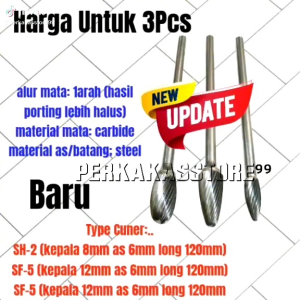 3pcs Mata Cuner Tuner Rotary Burs Batang 6mm Long 120mm Mata Porting Searah Carbide Baru