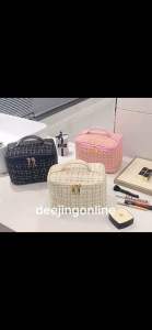 กระเป๋าเครื่องสําอางค์ ผ้าทวีต สไตล์เกาหลี หูหิ้วหนัง PU พกพาได้ จุได้เยอะ น้ำหนักเบา ที่เก็บแปรงแต่งหน้า จัดระเบียบ