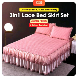 3IN1 Quilted Cotton Padded European-style Embroidered Lace-lined Bed Skirt Set Gaoge VENUS Series