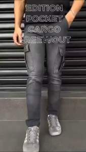 Celana Jeans Pria Full Length Gaya Rapi dengan Pinggang Elastis dan Motif Cargo
