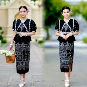 ชุดไทยเด็กหญิงสีดำ ชุดไทยประยุกต์รุ่นกระโปรงยาว