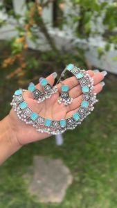 Sky Blue Kundan Oxidised Necklace Set