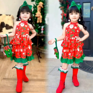 ชุดเซตคริสต์มาส ชุดซานตี้เด็กผู้หญิง เสื้อผูกคอ+กระโปรงบาน พร้อมโบว์คาดผม