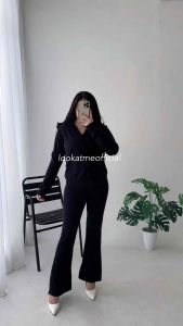 Deluna - Vior One Set Wanita - Setelan Atasan Kemeja Loose Oversize Lengan Panjang Dan Celana Cutbray Highwaist Bahan Knit Stretch Bawahan Kancing