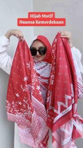 HIJAB SEGIEMPAT VOAL MOTIF PREMIUM SERIES MERAH PUTIH DIRGAHAYU INDONESIA TERBARU