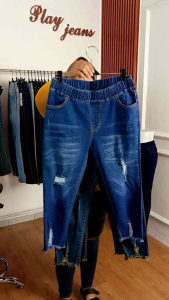 Celana 7/9 Jeans Wanita Ripped Pinggang Karet Size Jumbo