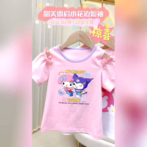 💖Ready Stock💖Kids Girls Kuromi/Melody Open Shoulders Cotton Tee (H167) 美乐蒂/库洛米开肩T恤