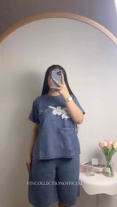 3952 SETELAN 3/4 JEANS RENDA BUNGA LD110 SNOW BLUE WANITA|SETELAN JEANS|ONE SET RENDA|SETELAN LD110