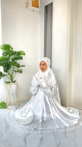 Mukena Umroh Haji JACQUARD Silk Premium Renda Tulleu Mewah Mukenah putih Dewasa Terbaru Stelan Berlengan Premium