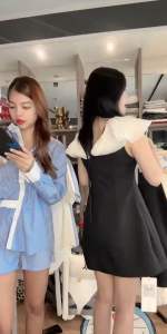 B21 เดรชลูกคุณสีเทาดำ แขนระบาย งายฟรีไซด์ ผ้าฝ้ายไหม