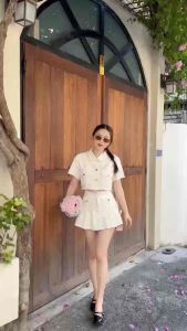 Sét bộ kaki áo croptop kèm chân váy xếp ly tua lai có quần bảo hộ Ms 146