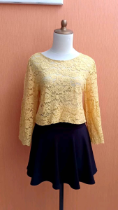 atasan wanita brokat kuning crop top GU UNIQLO cewek M blouse MEWAH lengan lebar transparan