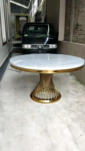 Set Meja Makan Marmer Kombinasi Stainless Gold