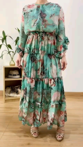 ●ECLAIRE● 003 Dress Maksi Maxi Chiffon Sifon Tiered Susun Asymmetric asimetrik Motif Bunga Floral flower Import izsix