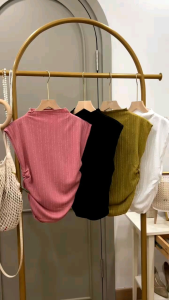 ●ECLAIRE● 043 Blouse Blus Knit Rajut Sleeveless Highneck Leher tinggi Polos Basic Kasual Casual Korea Liena Import