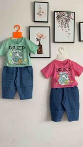 Sét jean bé gái: Áo thun cộc tay quần lửng jean hàng VNXK  Gogo kids  áo xanh + áo hồng Thokids2023
