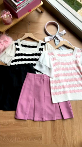 ●ECLAIRE● 043 Setelan Rok lengan Pendek Shortsleeves Motif Salur Stripe Korea Kasual Casual Mode Modis Trendy Santai Liburan Import xmizi