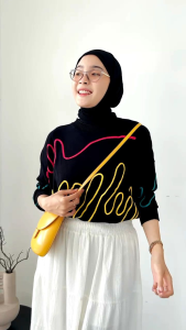 Pakaian Atasan Wanita Blouse List Woll Blouse Rajut Hitam Putih Jumbo Bigsize