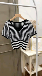 ●ECLAIRE● 043 Blouse Knit Rajut Lengan Pendek Shortsleeves Vneck Salur Stripe Garis Kasual Korea Lurana Import