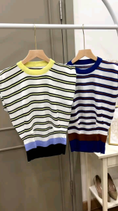 ●ECLAIRE● 043 Blouse Rajut Knit Stripe Salur Garis Sleeveless Tidak Berlengan Korea Kasual Basic Reina Import