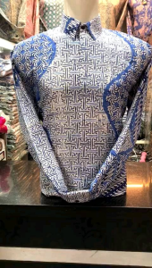 batik doby ATBM Cirebon lengan panjang lapis furing putih biru bca