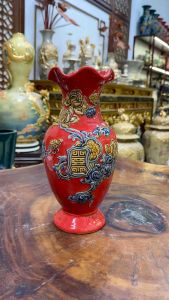 Lọ Hoa Miệng Lượn Lọ Hoa Thờ Cúng Men Đỏ Hàng Đắp Nổi Thủ Công Bát Tràng Sứ Bát Tràng Cao Cấp