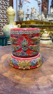 Bát Hương Thờ Cúng Bát Hương Men Đỏ Đắp Nổi Họa Tiết Sen-Rồng Men Đỏ Bát Tràng