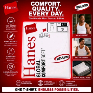Hanes Global Comfort Soft 3 pcs Plain White Sando 100% Cotton Tagless Shirt for Menswear
