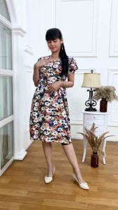 Cherry Dress Pendek Selutut Busui Panjang Wanita/ Home Dress Kasual Panjang dgn Kancing Hidup