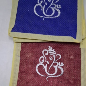 Small Jute Gift Pouch with Ganesh Print (6x6x4 In) - Velcro Closure