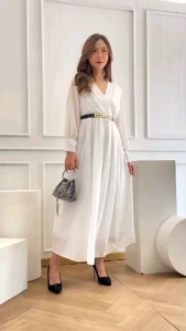GAUN VELOVE LONGDRES PESTA / BAJU PANTAI / WANITA FREE BELT V NECK POLOS PREMIUM