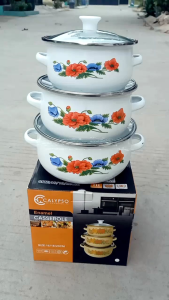 Panci Bunga Set Tutup Kaca 3 Susun Enamel Anti Karat