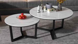 Bàn trà đôi Sofa phòng khách mặt đá tròn chân kim loại kiểu kiềng dạng ống chữ nhật sang trọng hiện đại