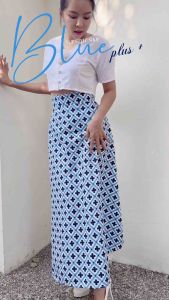 กระโปรงผ้าฝ้ายพิมพ์ลายยาวซิปหลัง สีฟ้า สีแดง