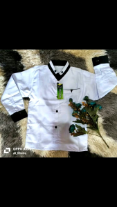 Atasan Koko Katun Putih Anak Laki-Laki Motif Floral dengan Kerah V-Neck untuk Madrasah SD-SMP