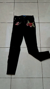 celana panjang wanita hitam denim jeans V9 cewek S ripped lutut santai