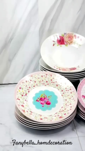 Piring QueenRose shabby chic Keramik Motif Bunga Mewah 1/2 lusin Import mewah