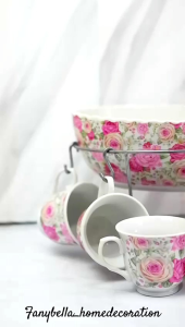 Prasmanan Queen Rose shabby chic keramik set Mangkok Tempat Sup Motif shabby chic Bunga Mewah Import