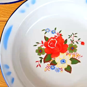 Piring Seng Enamel Jadul Bunga Ukuran 22cm Besar Tebal FN