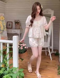 Bộ đồ ngủ tay ngắn chất lụa phối ren cao cấp thời trang xinh xắn cho chị em mặc nhà #Mã L22