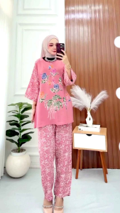 Setelan kulot santai wanita kekinian Ld 110cm lengan 3/4 resleting depan rayon tebal