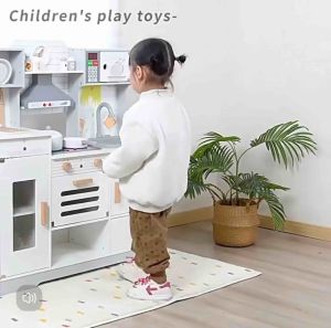 KiddieStore Gold Wooden Kitchen Pretend Playset (WATER Sounds Light) with accessories