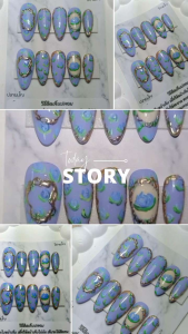 เล็บเจลแท้ งานเพ้นดอกไม้สีม่วงน้ำเงิน แถมฟรีกาวตะไบทุกชุด