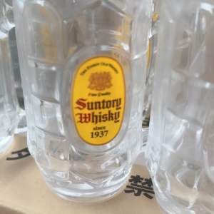 Suntory Whisky Beer Mug 380ml Clear Glass with Yellow Label Handle Design 6pcs