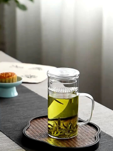 Gelas Cangkir Teh Rempah Rimpang Saringan Kaca Tahan Panas Api Infuser Mug with Lid Tutup